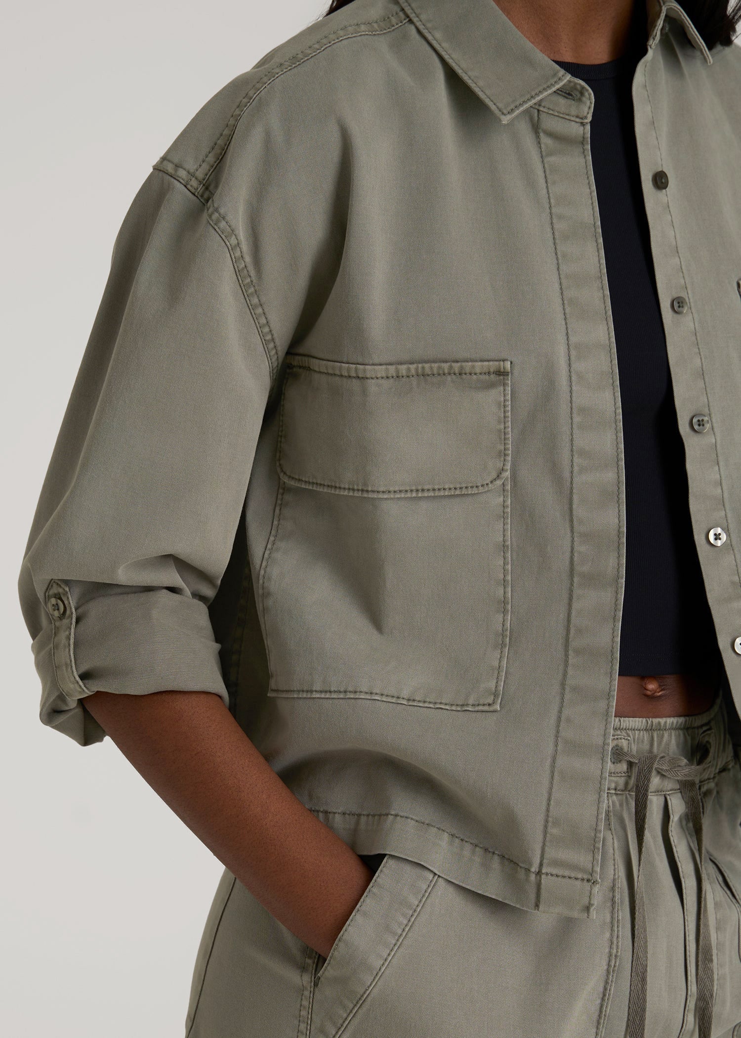 Garment Dyed Utility Shirt for Tall Women in Camper Green
