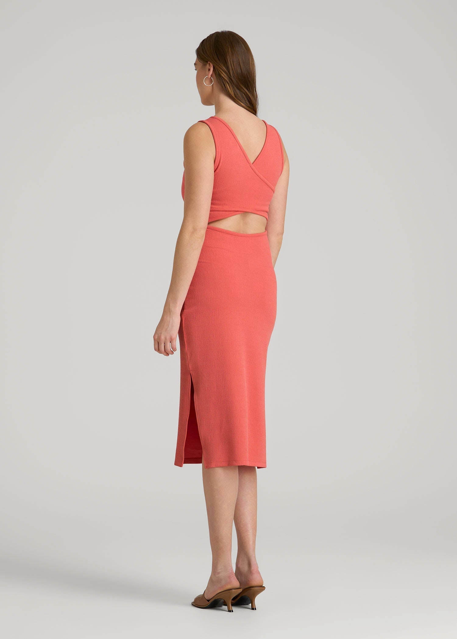 Midi Cross Back Sleeveless Dress for Tall Women in Sunset Coral
