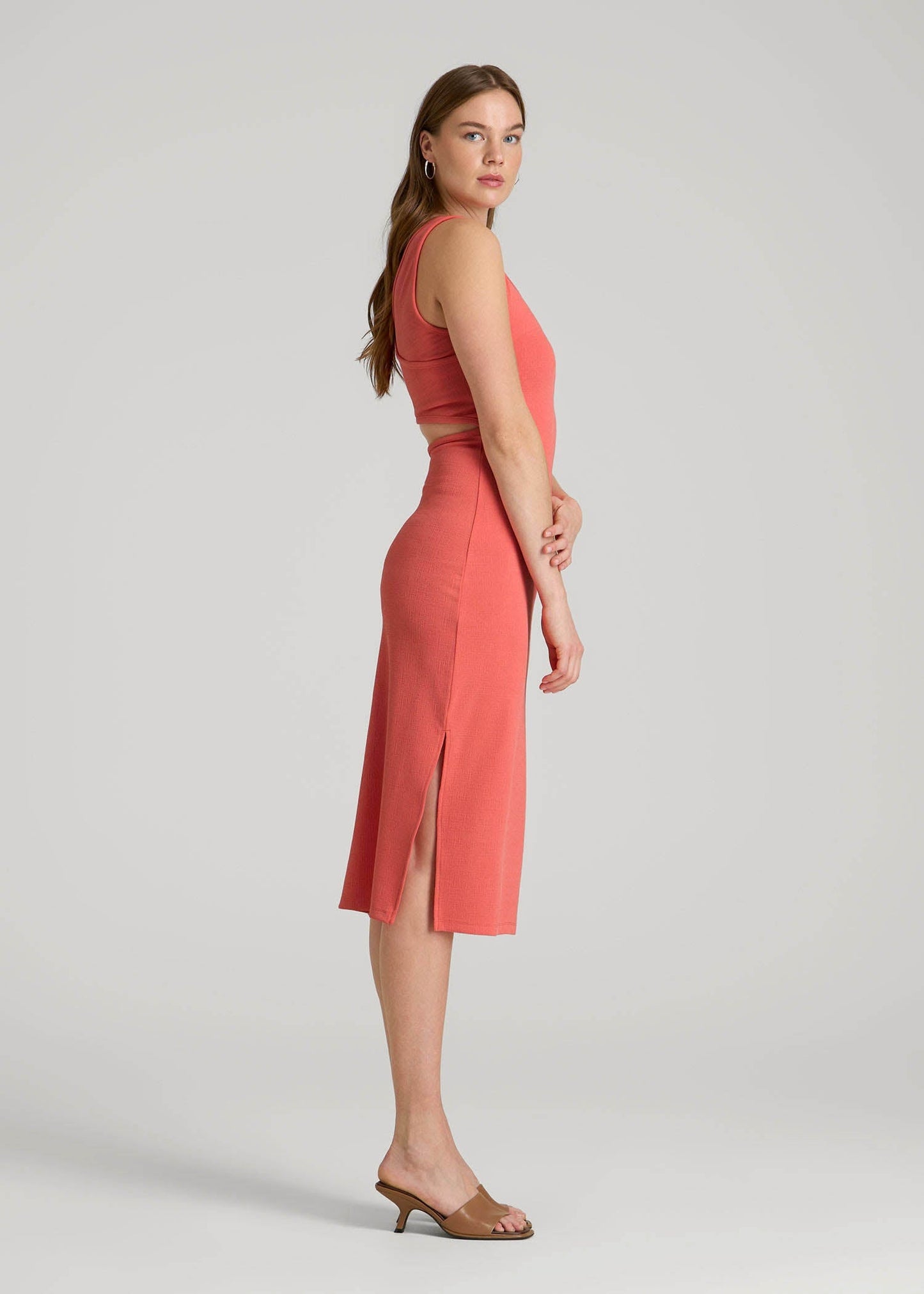Midi Cross Back Sleeveless Dress for Tall Women in Sunset Coral