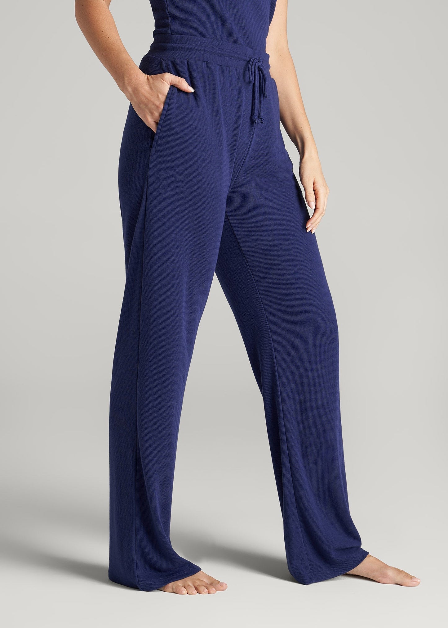 Open-Bottom Waffle Lounge Pants for Tall Women in Midnight Blue
