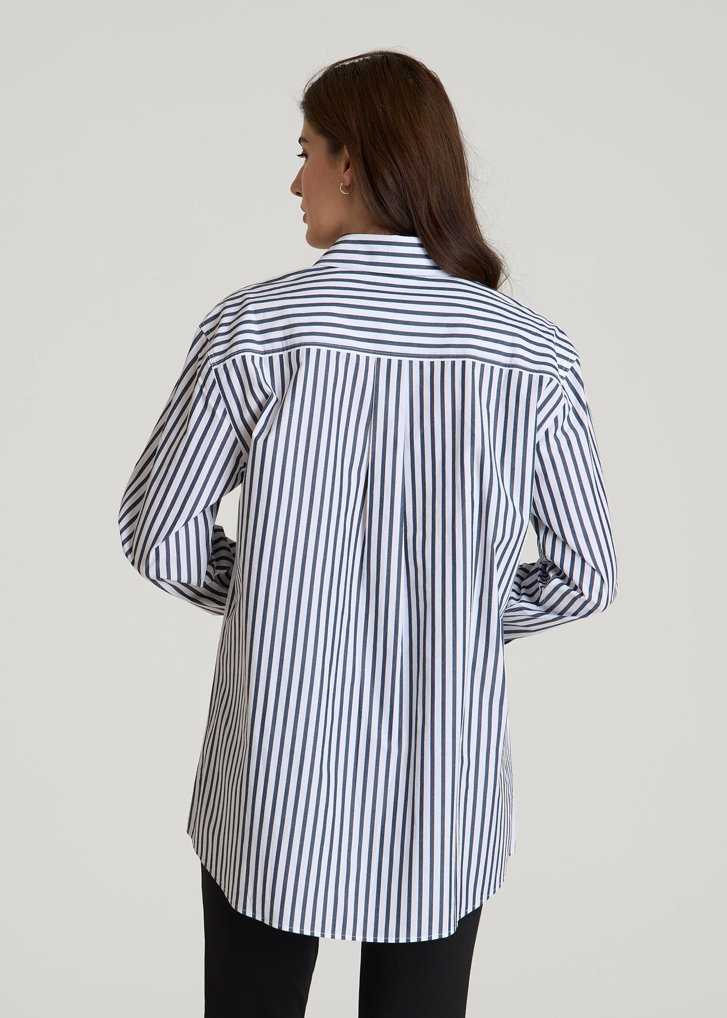Oversized Poplin Button Shirt for Tall Women in White and Navy Stripe