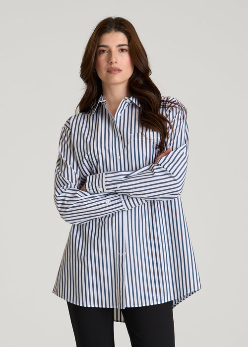 Oversized Poplin Button Shirt for Tall Women in White and Navy Stripe