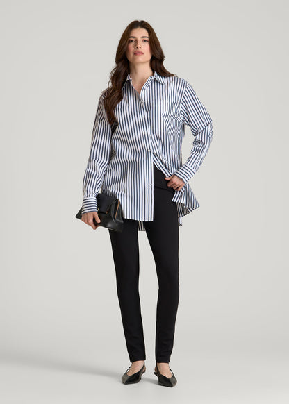 Oversized Poplin Button Shirt for Tall Women in White and Navy Stripe