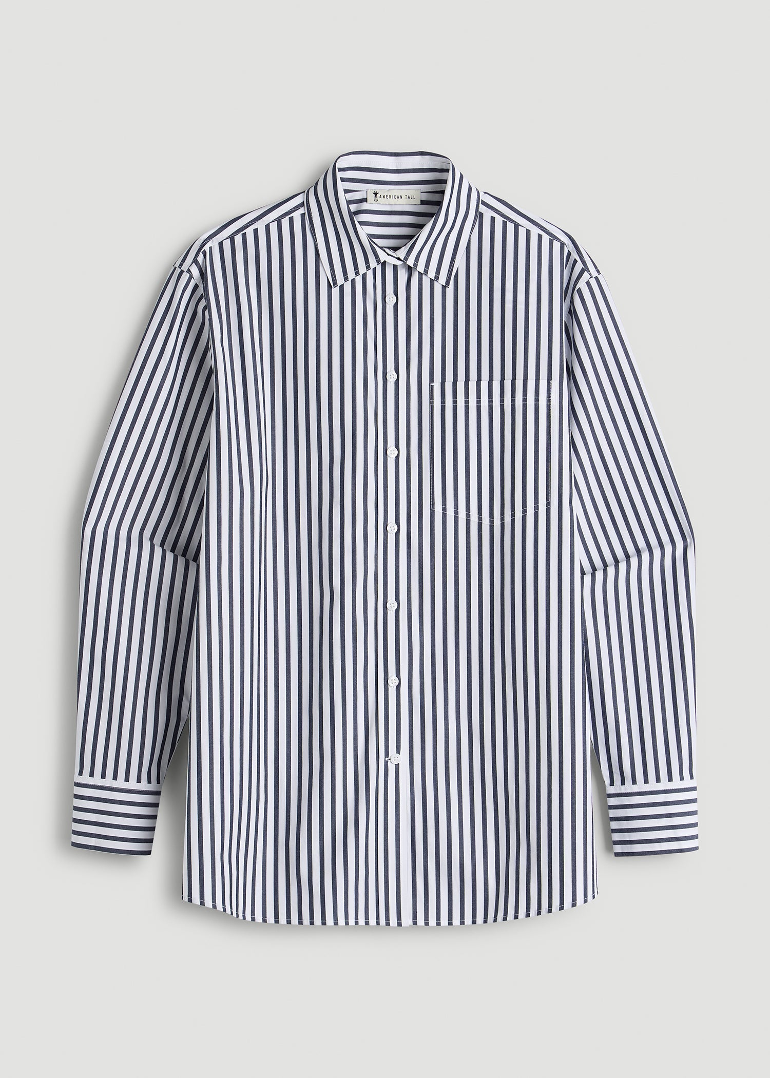 Oversized Poplin Button Shirt for Tall Women in White and Navy Stripe