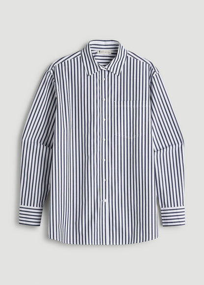 Oversized Poplin Button Shirt for Tall Women in White and Navy Stripe