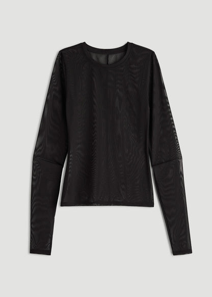 Power Mesh Fitted Long Sleeve Top for Tall Women in Deep Black