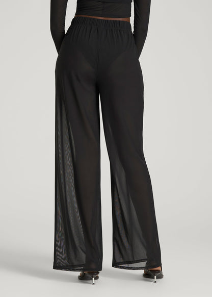 Power Mesh Wide-Leg Pants for Tall Women in Deep Black