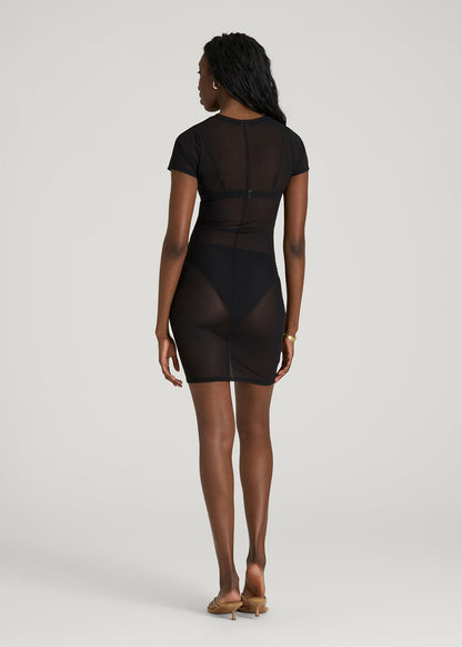 Power Mesh Fitted Short Sleeve Mini Dress for Tall Women in Deep Black