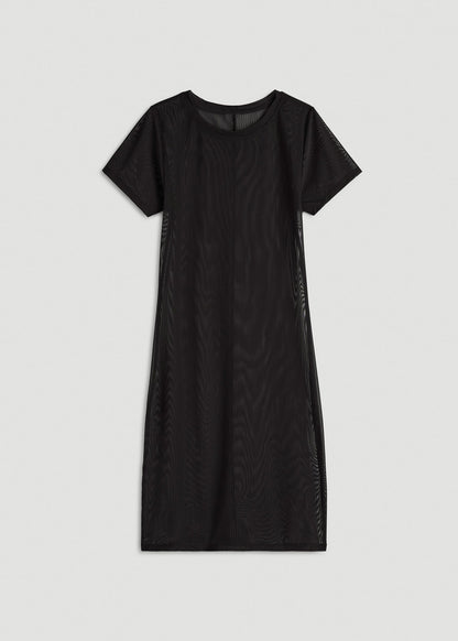 Power Mesh Fitted Short Sleeve Mini Dress for Tall Women in Deep Black