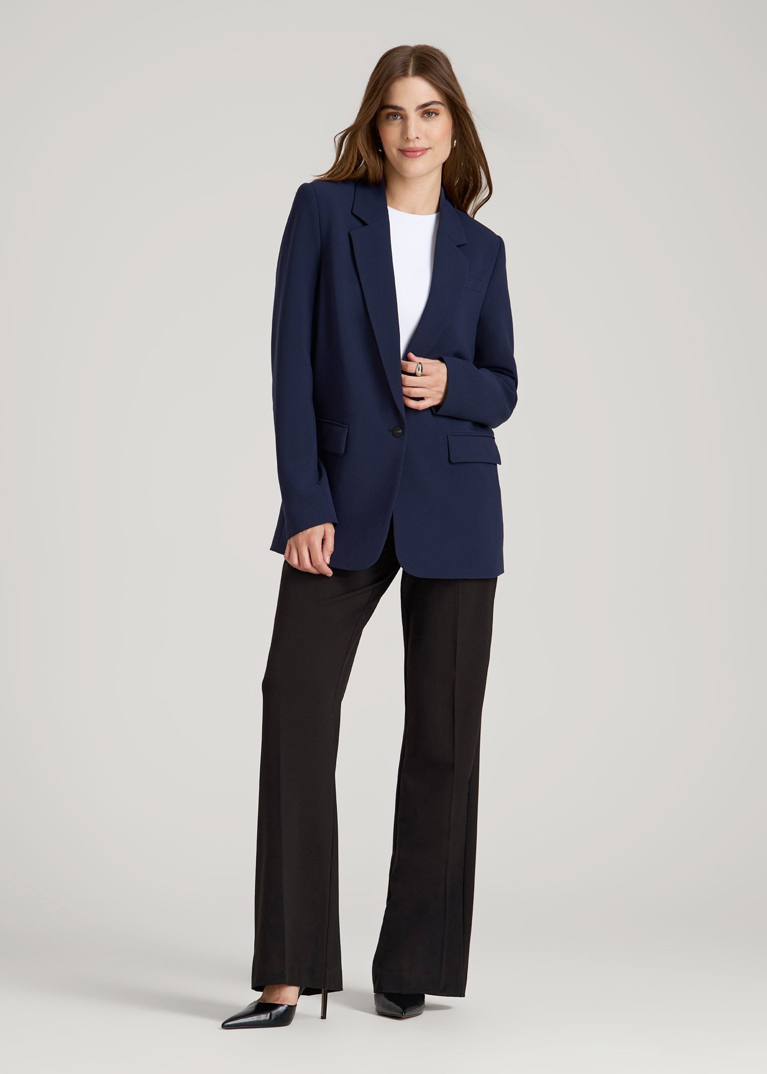 Boyfriend Fit Single-Button Blazer for Tall Women in Navy