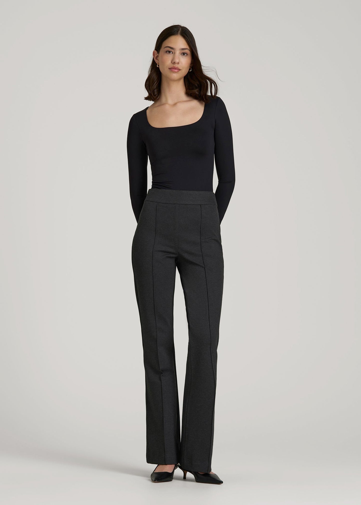Flex Ponte Pull On Flare Pants for Tall Women in Dark Charcoal Heather