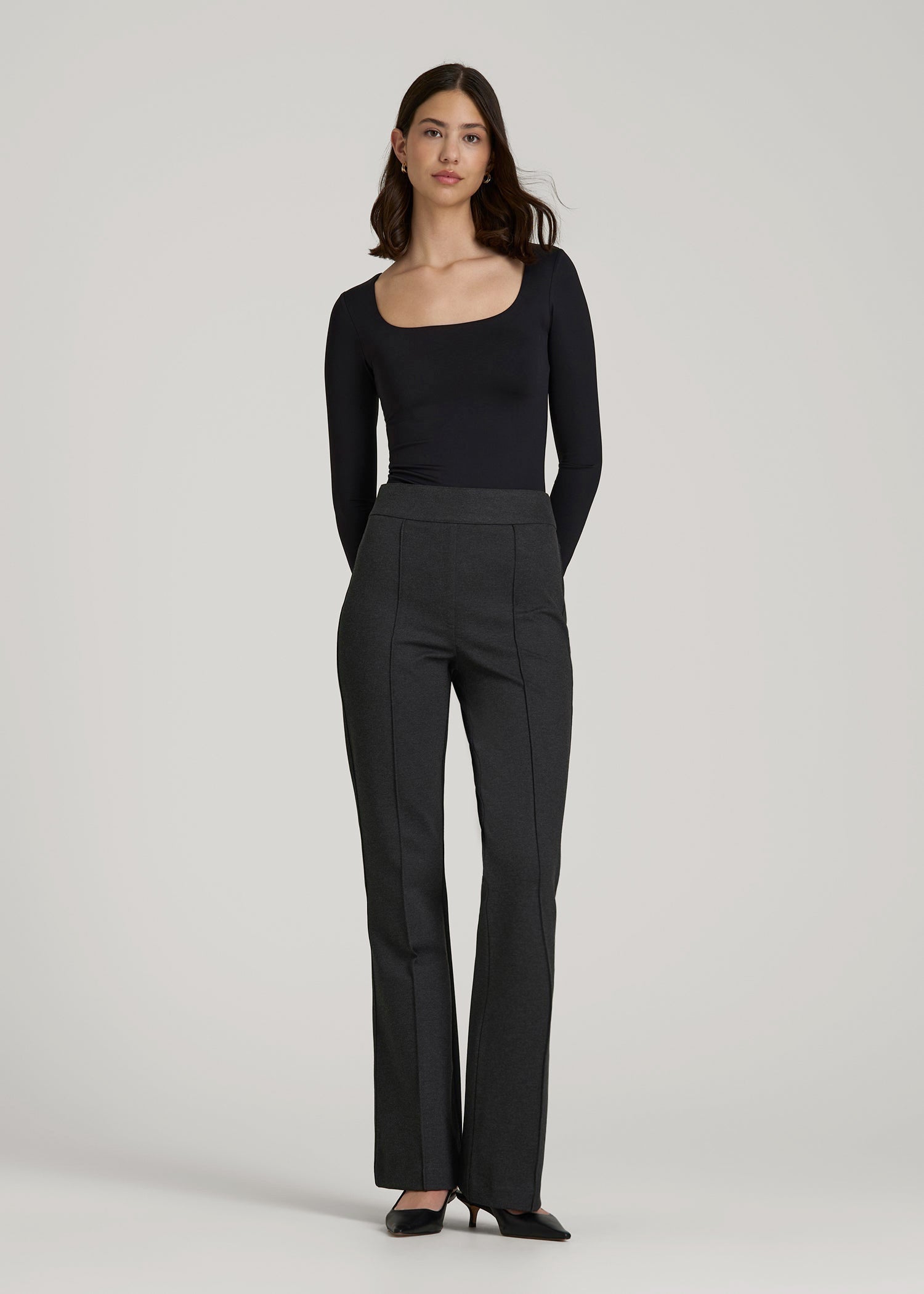 Flex Ponte Pull On Flare Pants for Tall Women in Dark Charcoal Heather