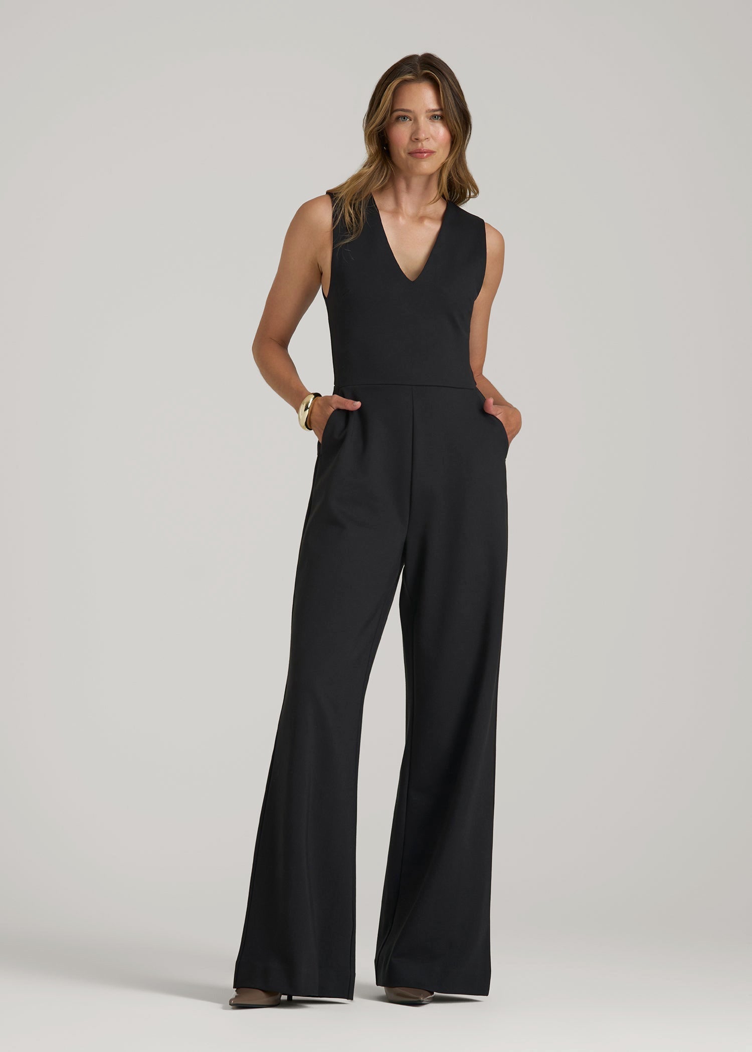 Flex Ponte Wide-Leg V-Neck Jumpsuit for Tall Women in Black