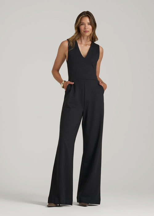 Flex Ponte Wide-Leg V-Neck Jumpsuit for Tall Women in Black
