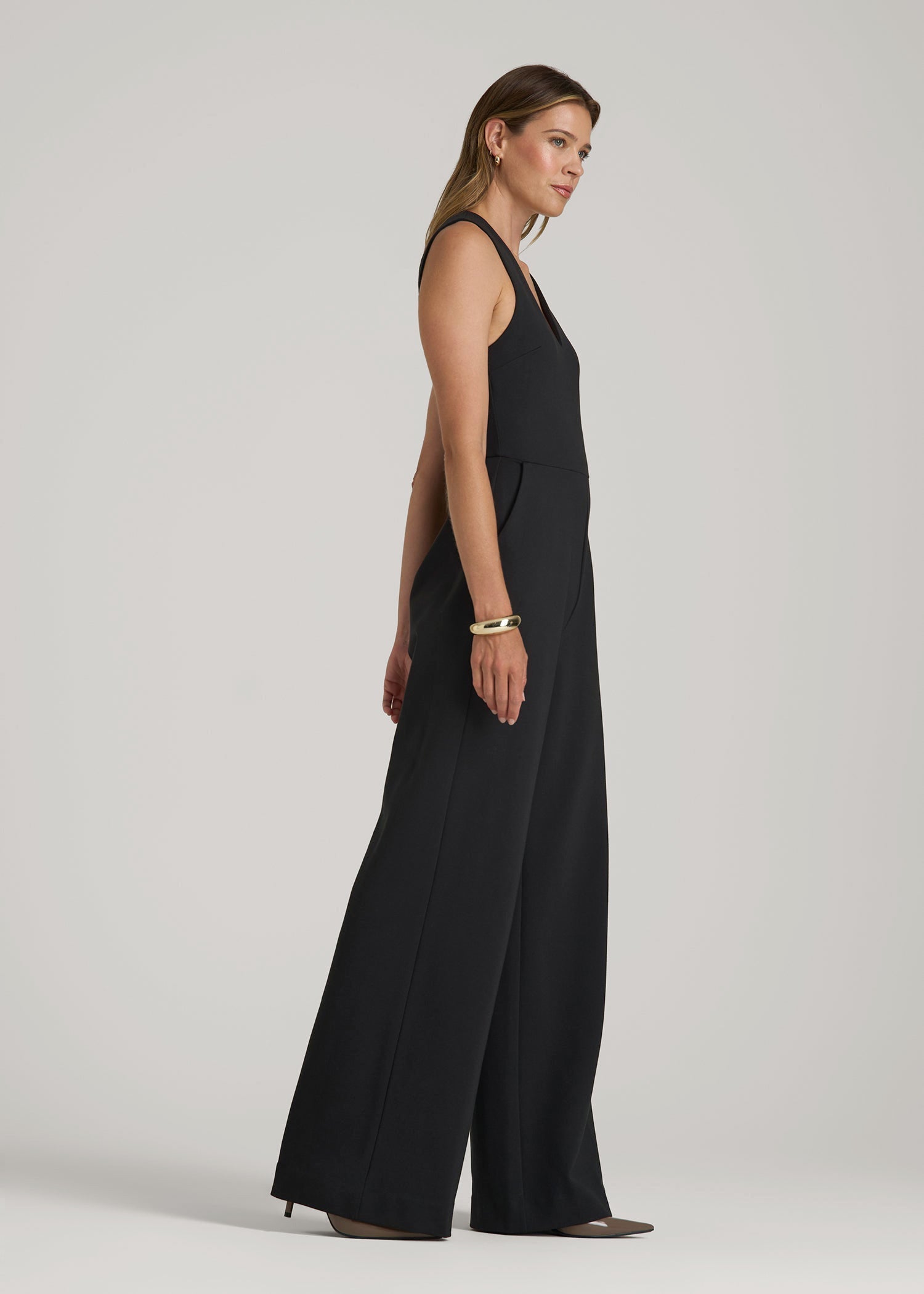 Flex Ponte Wide-Leg V-Neck Jumpsuit for Tall Women in Black