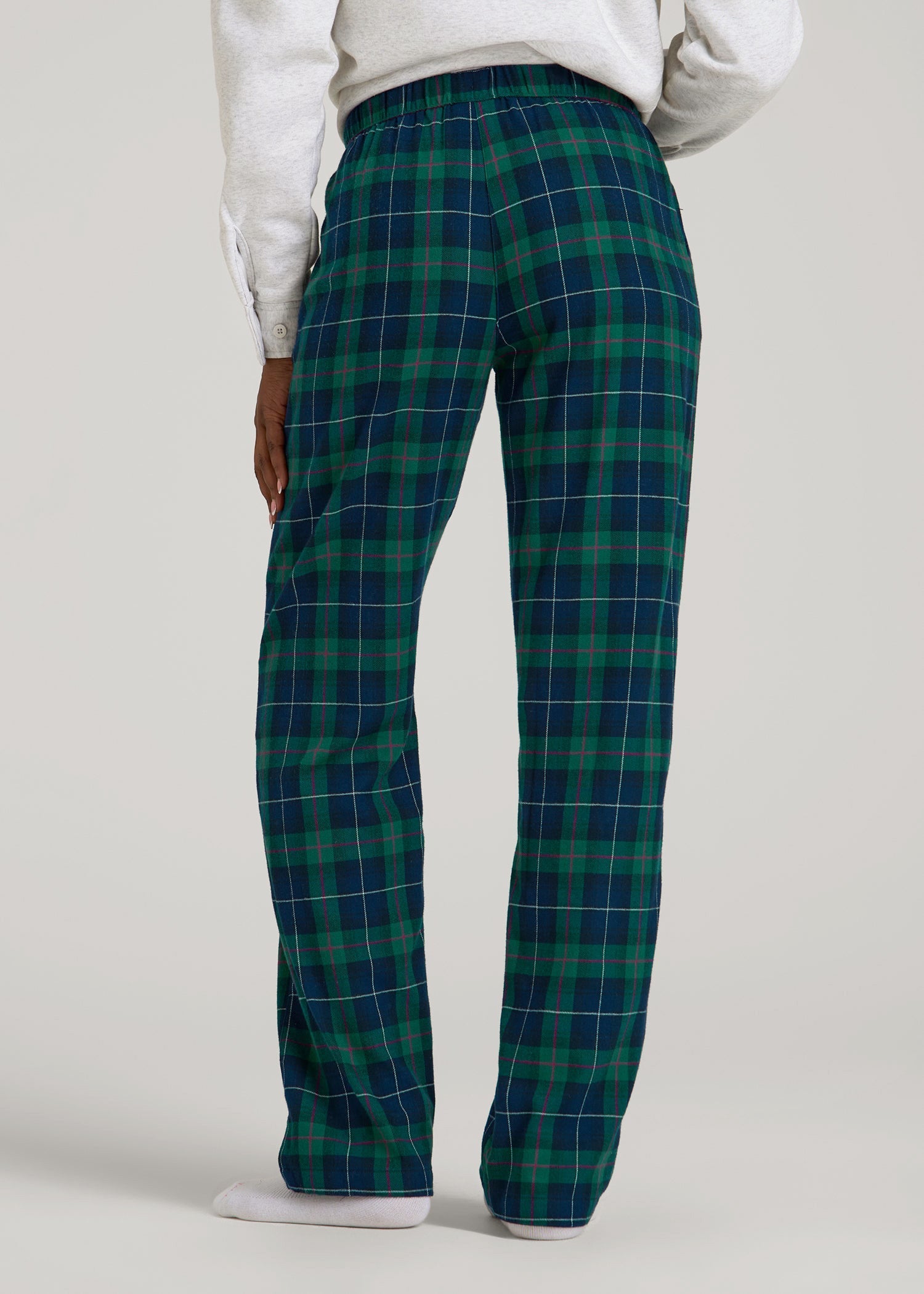 Tie Waist Flannel Pajama Pants for Tall Women in Green and Blue Plaid