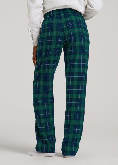 Tie Waist Flannel Pajama Pants for Tall Women in Green and Blue Plaid