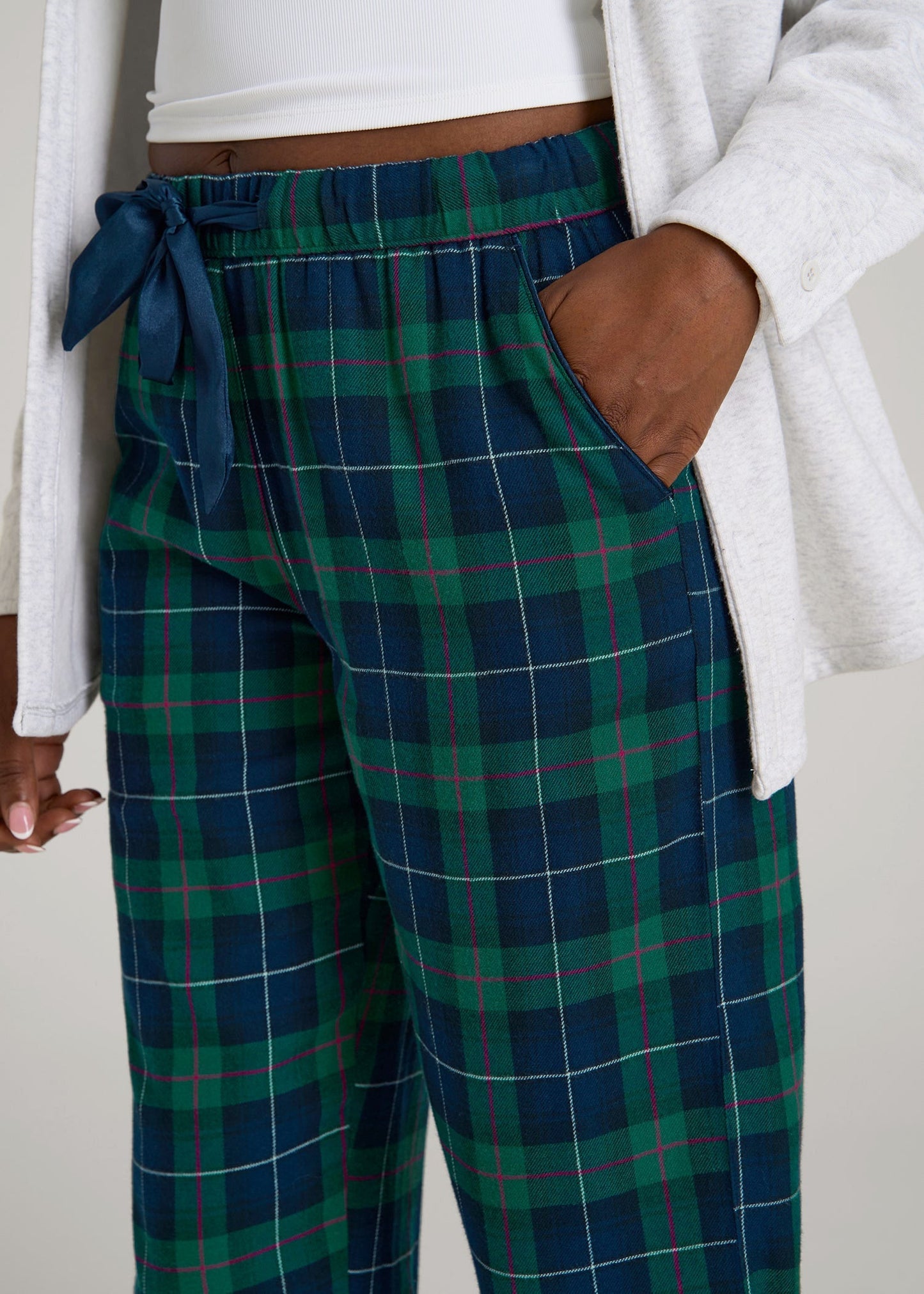 Tie Waist Flannel Pajama Pants for Tall Women in Green and Blue Plaid