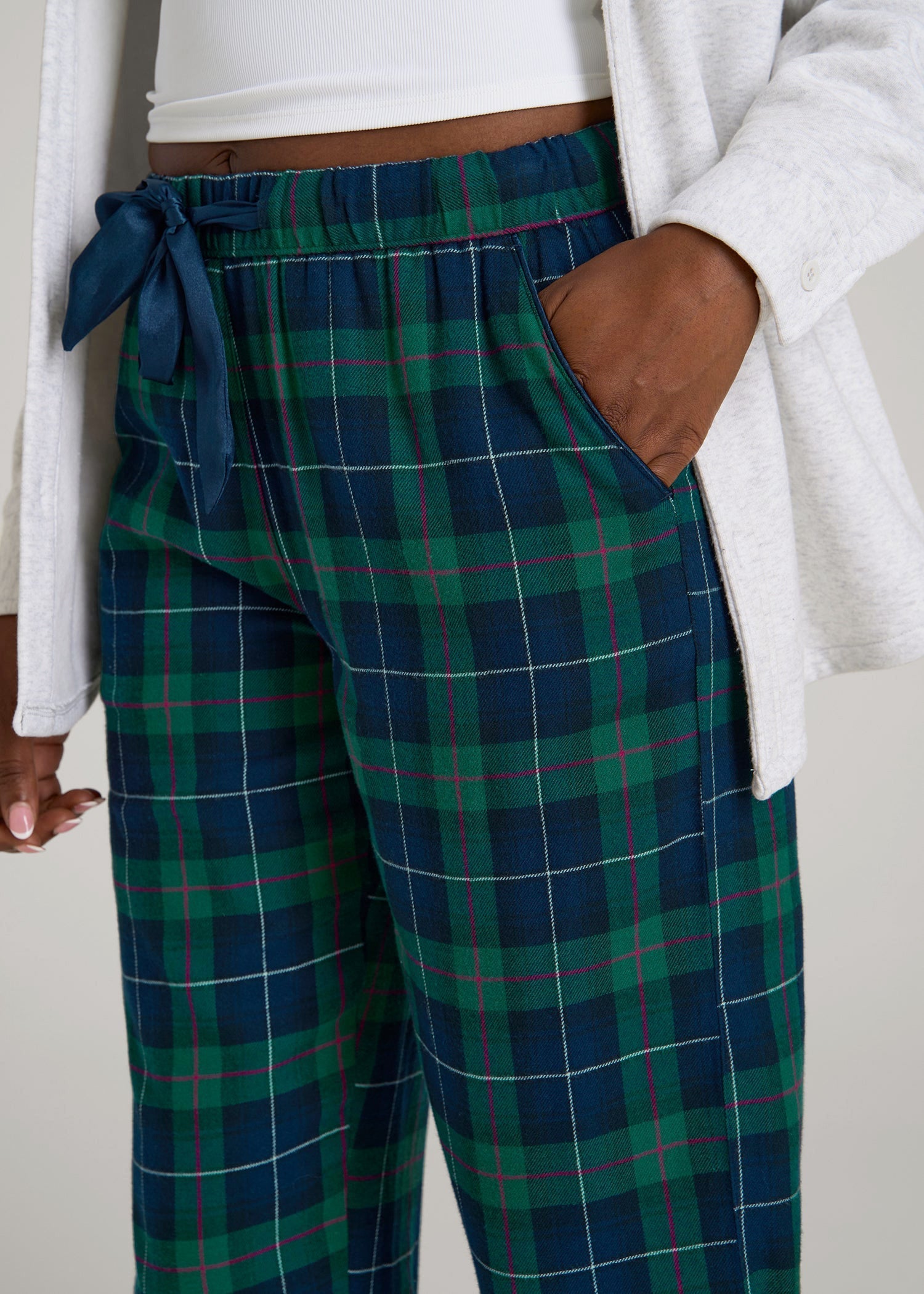 Tie Waist Flannel Pajama Pants for Tall Women in Green and Blue Plaid