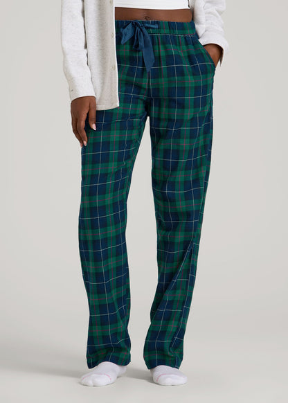 Tie Waist Flannel Pajama Pants for Tall Women in Green and Blue Plaid