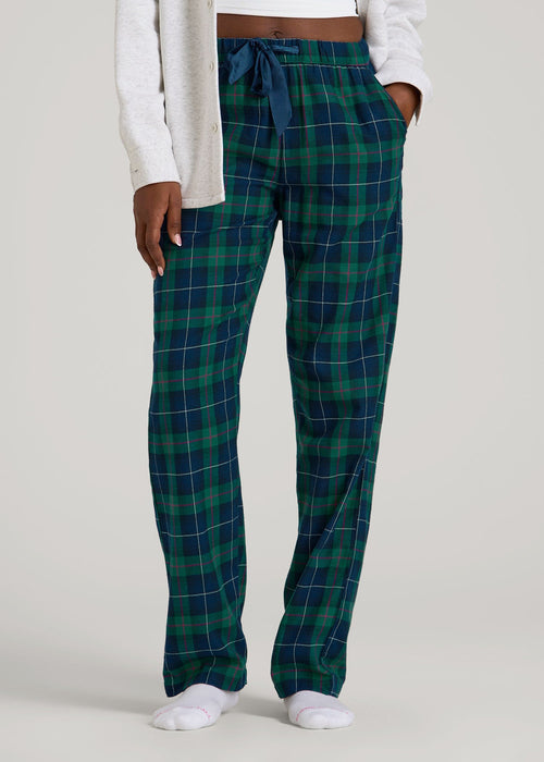 Tie Waist Flannel Pajama Pants for Tall Women in Green and Blue Plaid