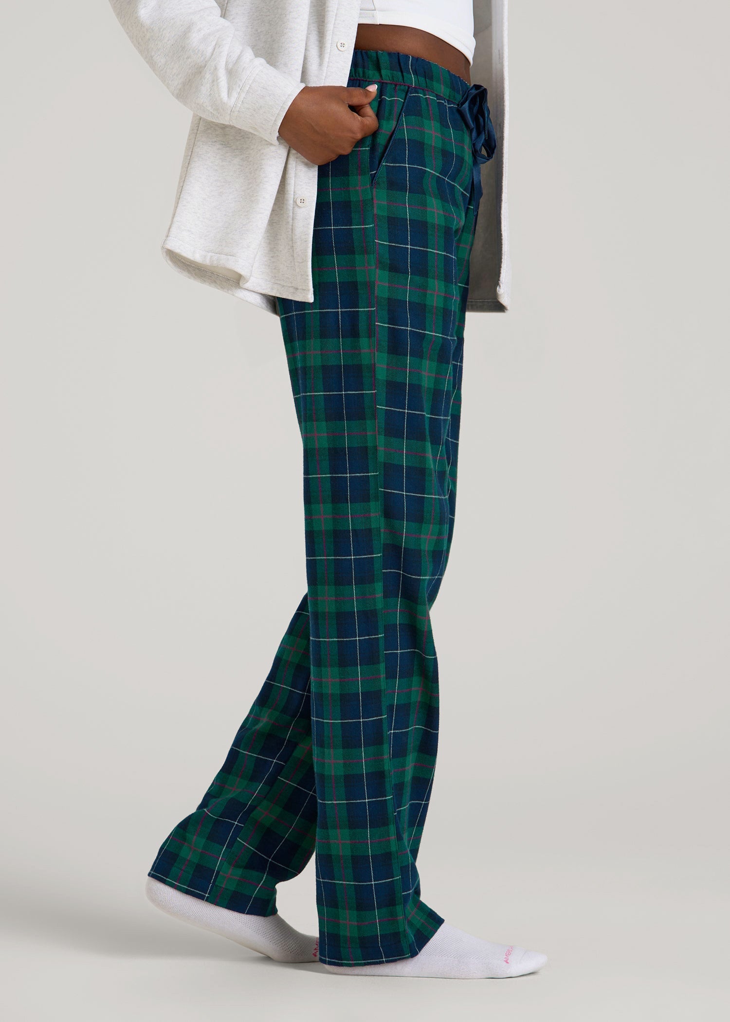Tie Waist Flannel Pajama Pants for Tall Women in Green and Blue Plaid