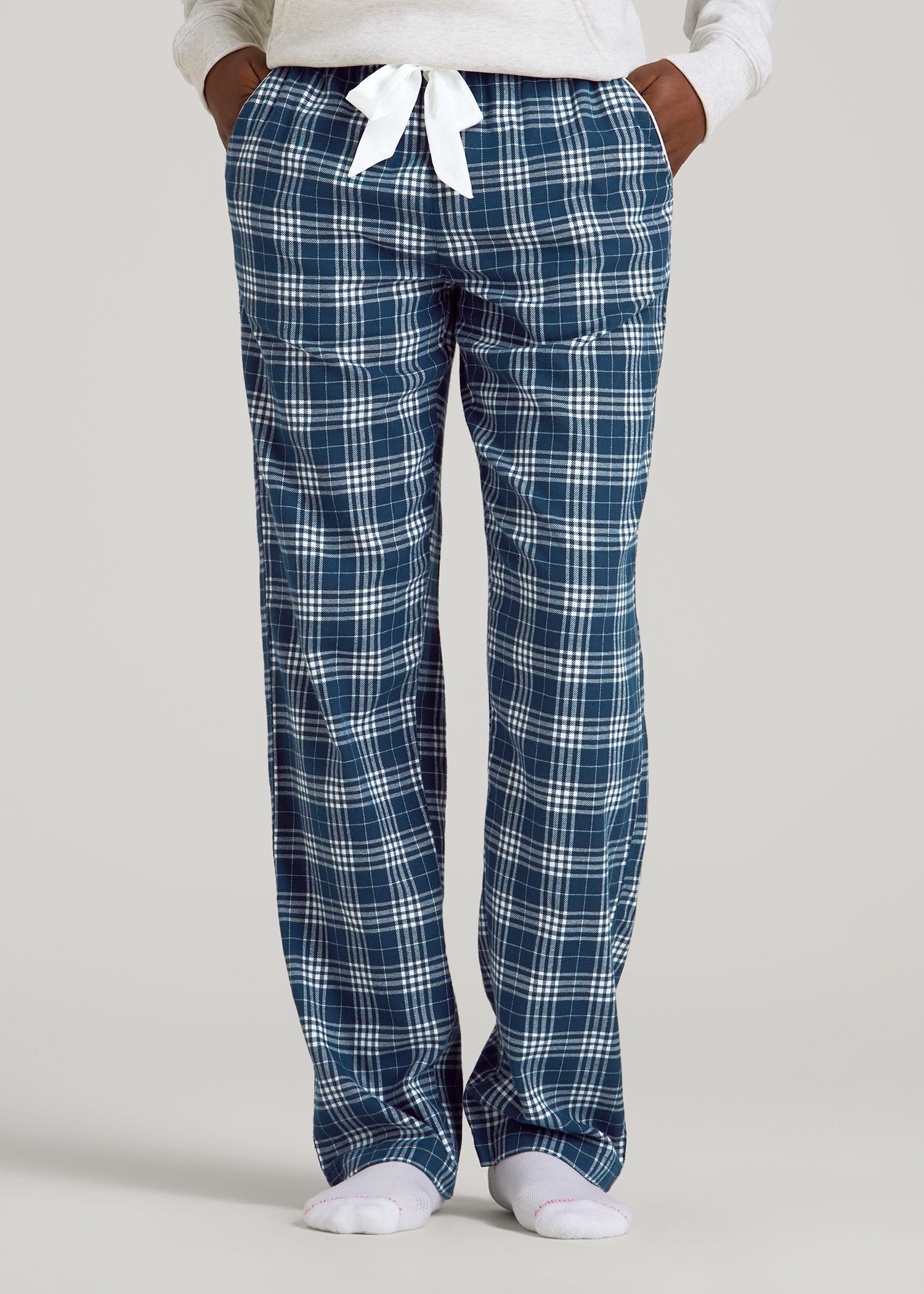 Tie Waist Flannel Pajama Pants for Tall Women in Navy and White Plaid