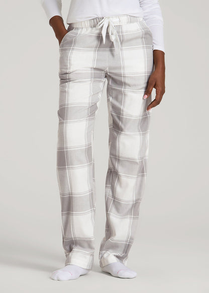 Tie-Waist Flannel Pajama Pants for Tall Women in White and Grey Plaid