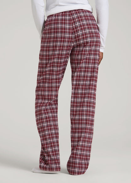 Tie Waist Flannel Pajama Pants for Tall Women in Wine and Grey Lilac Plaid