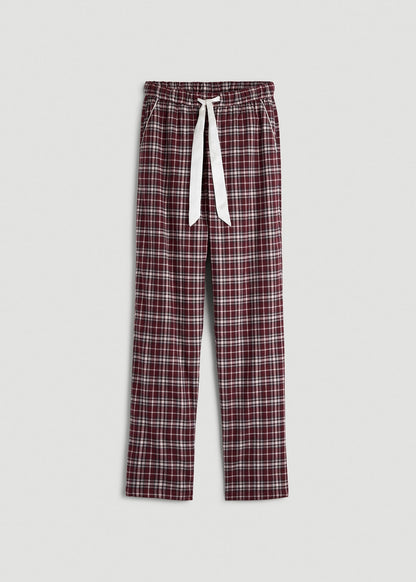 Tie Waist Flannel Pajama Pants for Tall Women in Wine and Grey Lilac Plaid