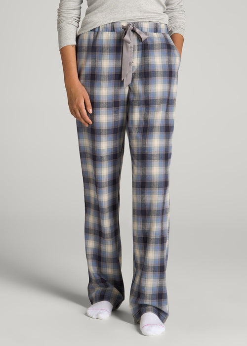 Open-Bottom Flannel Pajama Pants for Tall Women in Blue and Grey Weave
