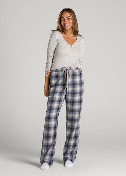 Open-Bottom Flannel Pajama Pants for Tall Women in Blue and Grey Weave
