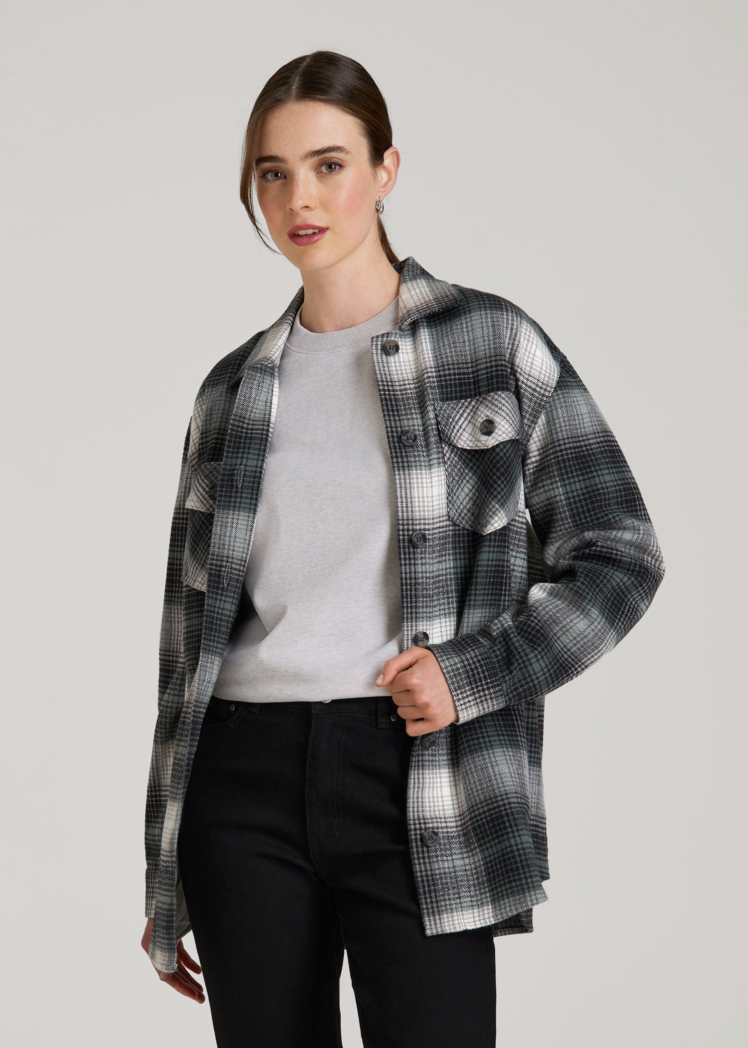 Flannel Shacket for Tall Women in Balsam Green Plaid