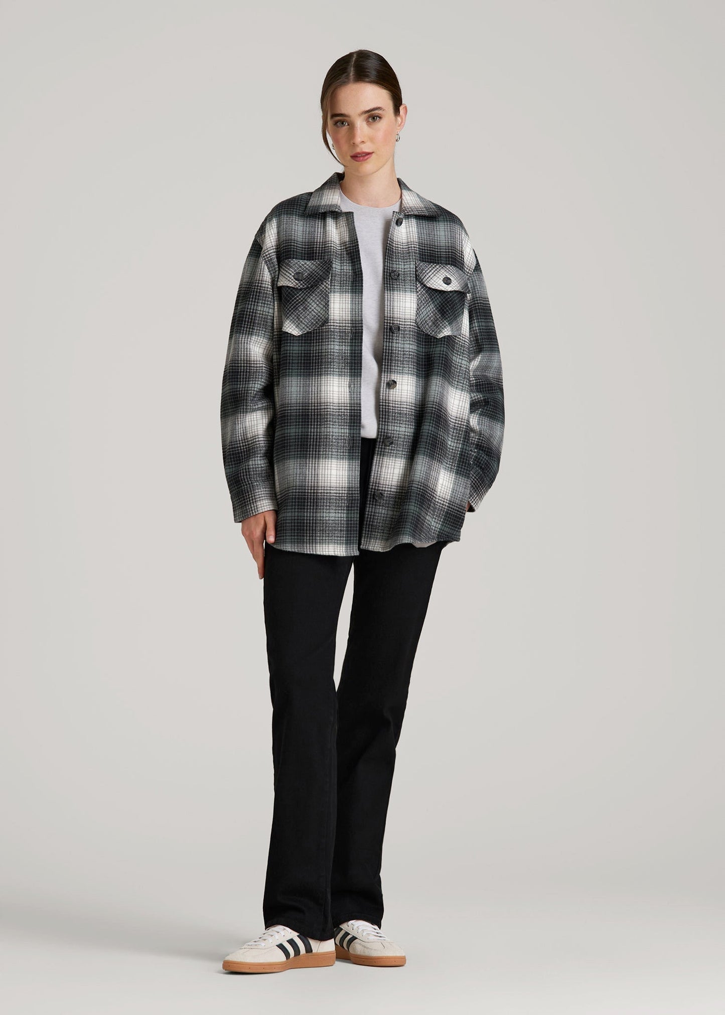 Flannel Shacket for Tall Women in Balsam Green Plaid