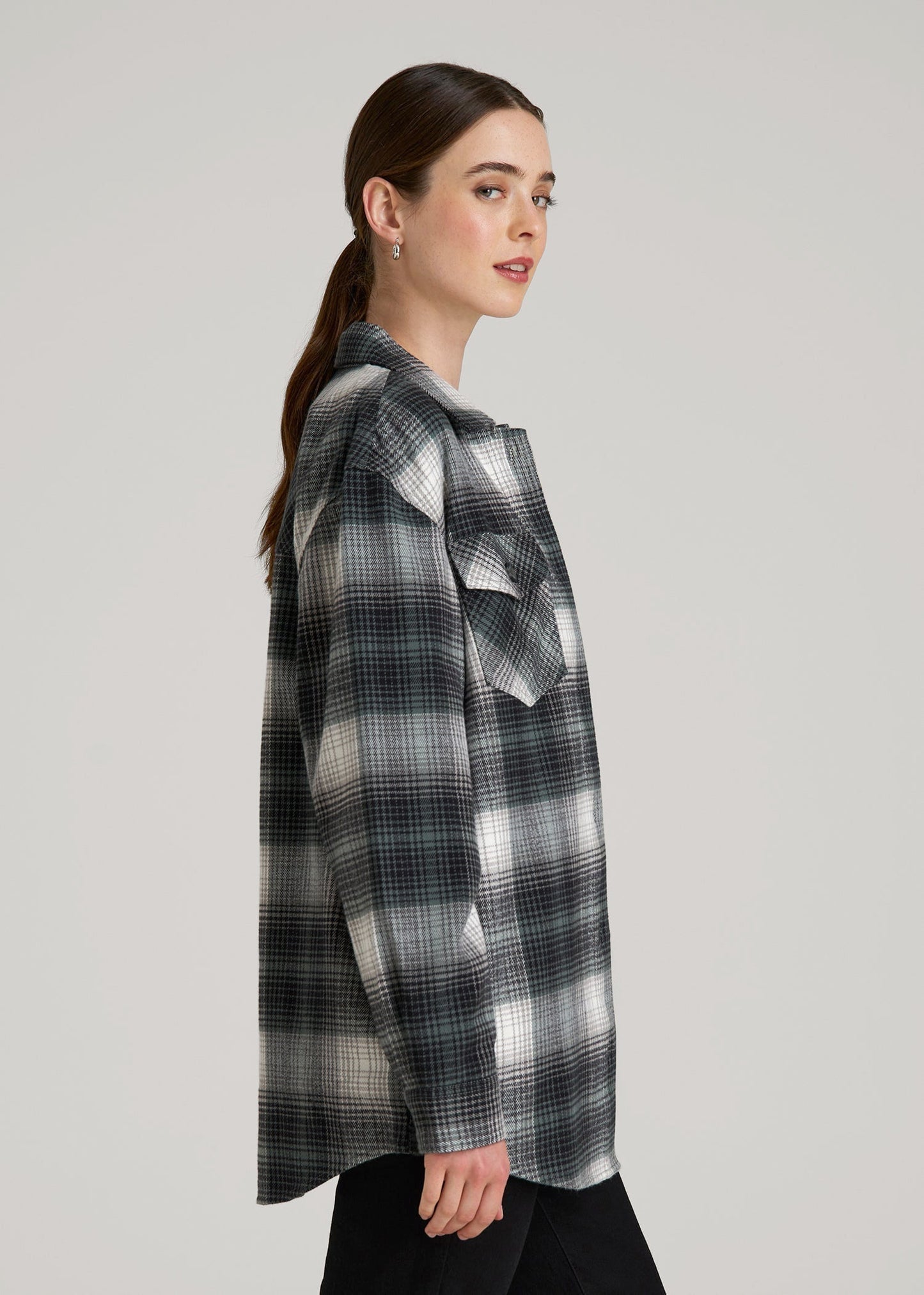 Flannel Shacket for Tall Women in Balsam Green Plaid