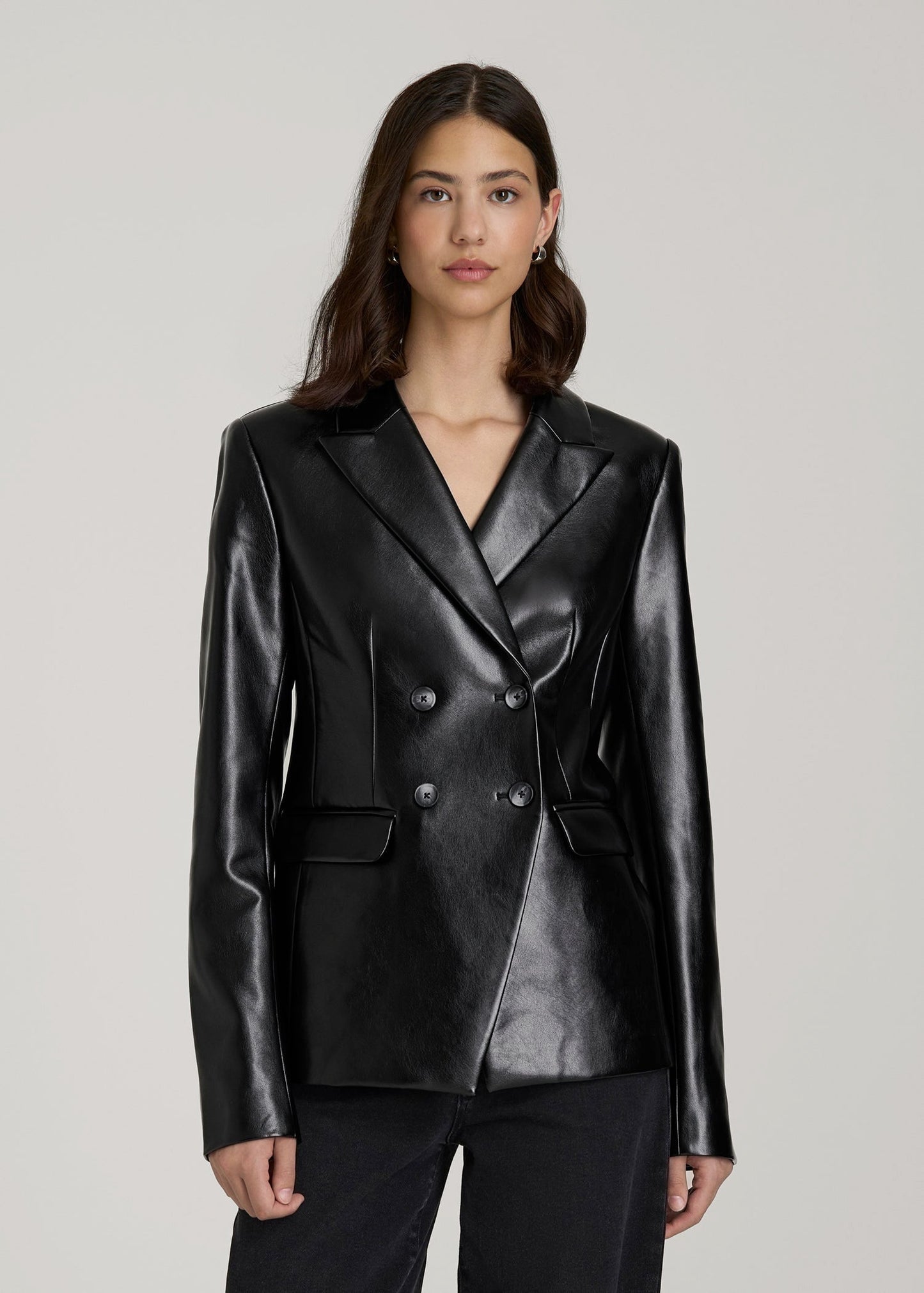 True Touch Leather Double Breasted Blazer for Tall Women in Black