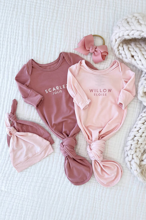 Personalized Bamboo Newborn Baby Knot Gown | Pretty in Pink - Block
