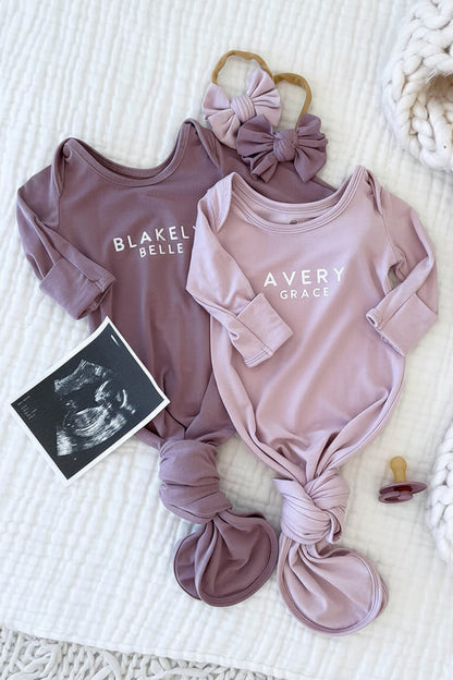 Personalized Bamboo Newborn Baby Knot Gown | Lovely Lilac - Block