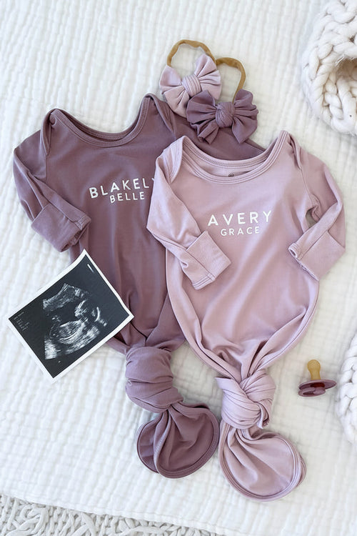 Personalized Bamboo Newborn Baby Knot Gown | Lovely Lilac - Block