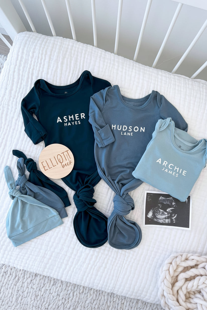 Boy Personalized Bamboo Newborn Baby Knot Gown & Hat
