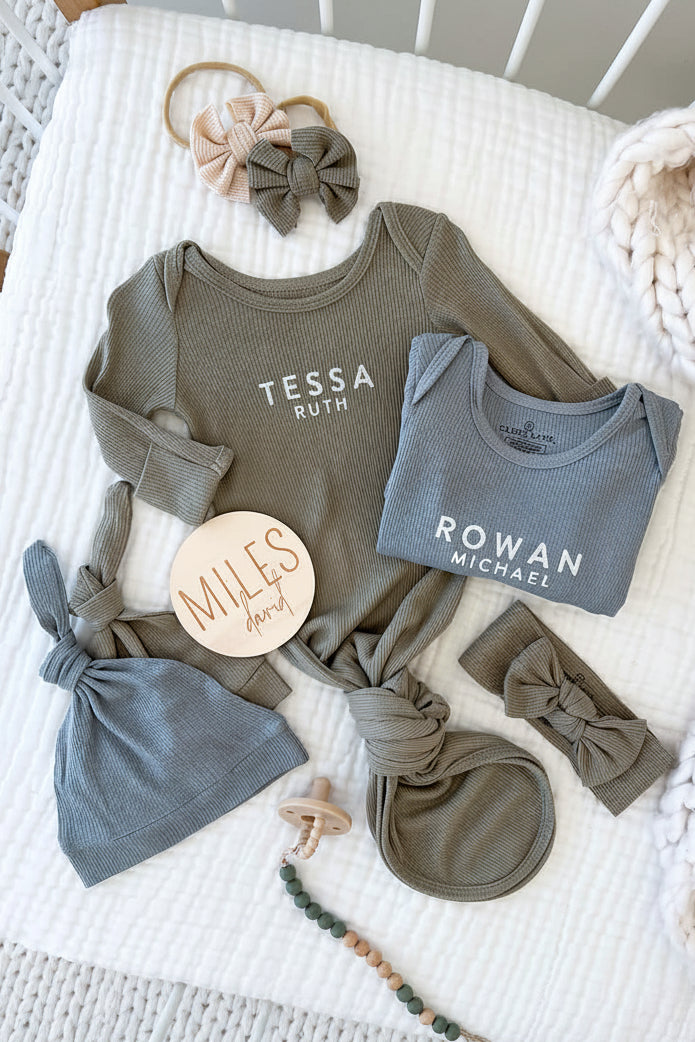 Personalized Bamboo Newborn Baby Knot Gown | Nature Neutrals - Block