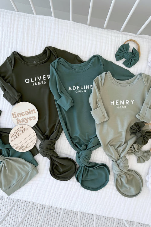 Personalized Bamboo Newborn Baby Knot Gown & Hat | Garden Greens - Block