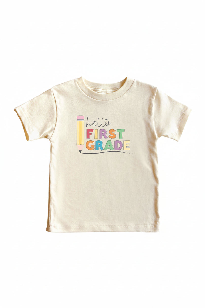 Hello New Grade Pencil Kids Graphic Tee | Natural