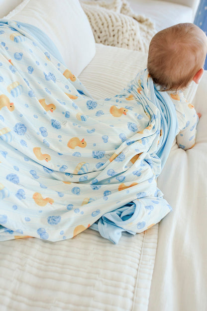 Double Sided Bamboo Blanket | Bubble Duckies Blue