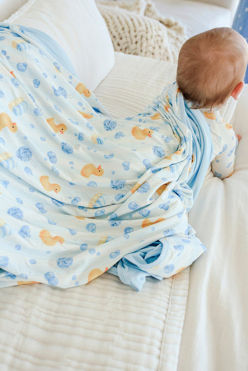 Double Sided Bamboo Blanket | Bubble Duckies Blue