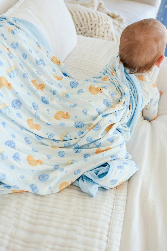 Double Sided Bamboo Blanket | Bubble Duckies Blue