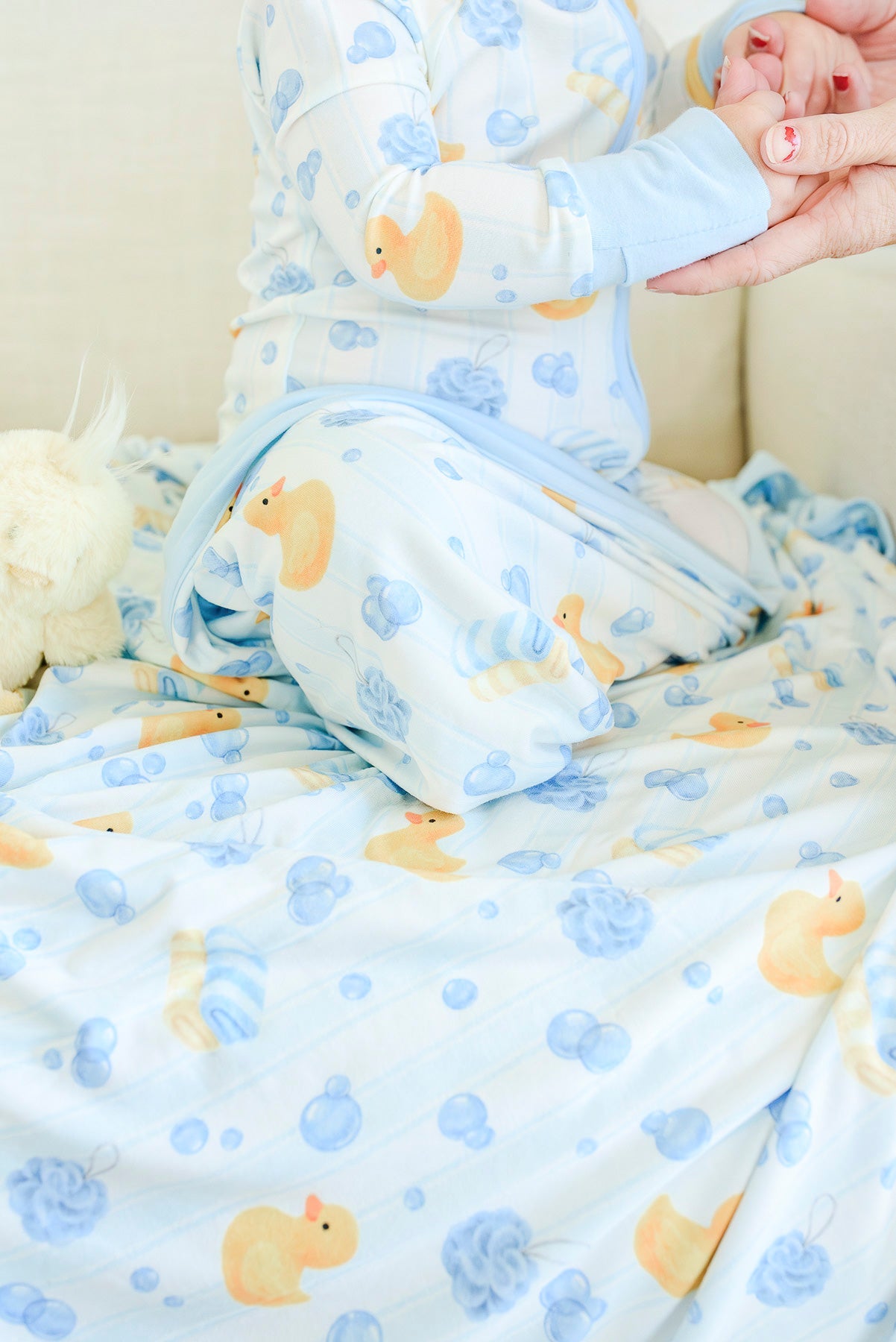 Double Sided Bamboo Blanket | Bubble Duckies Blue