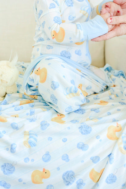 Double Sided Bamboo Blanket | Bubble Duckies Blue
