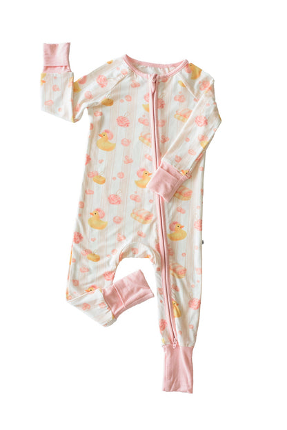 Convertible Bamboo Zip Romper Pajamas | Bubble Duckies Pink
