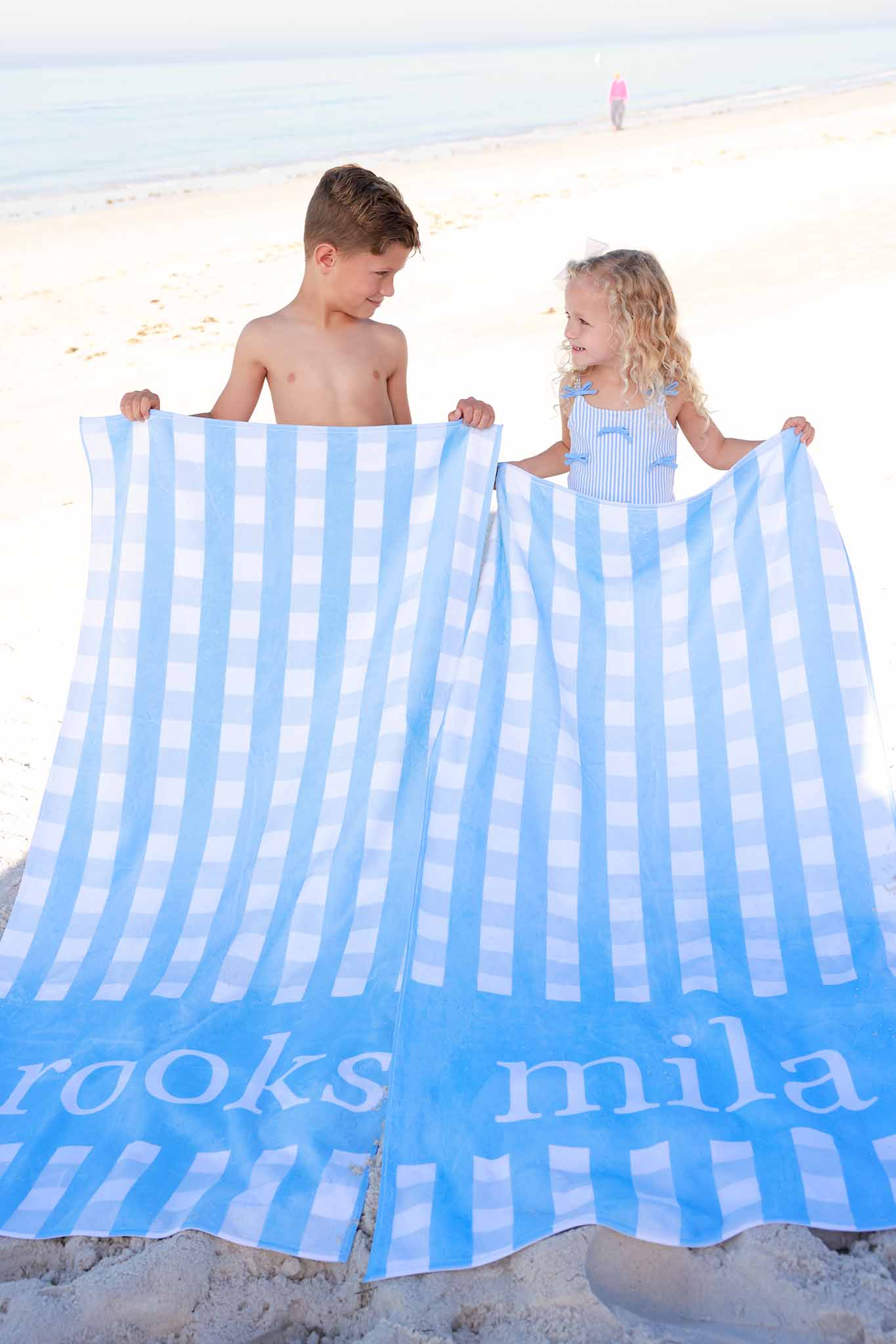 Personalized Kids Beach Towel | Blue Seersucker